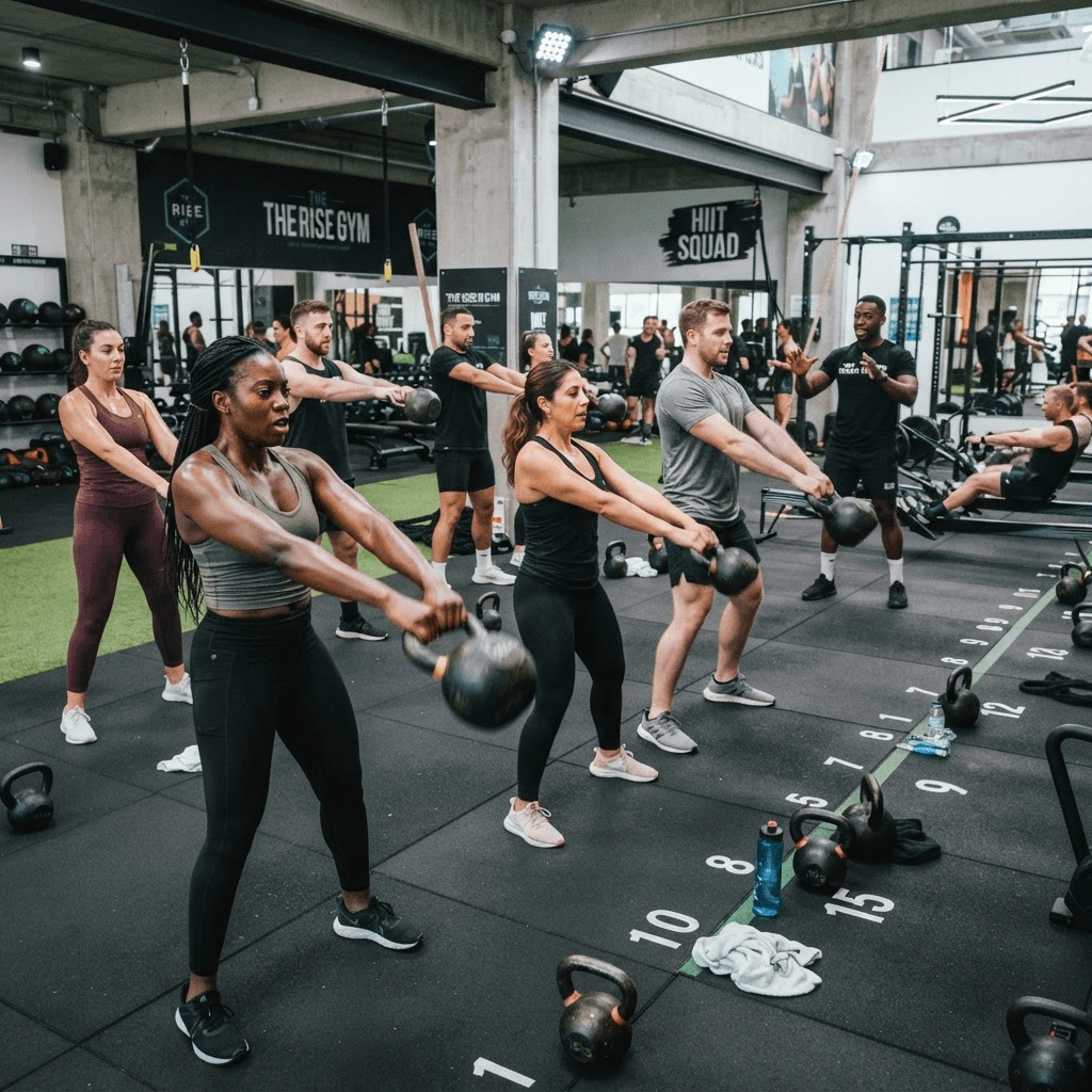 Clase grupal de HIIT con kettlebells