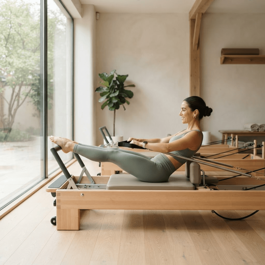 Mujer haciendo pilates en un reformer