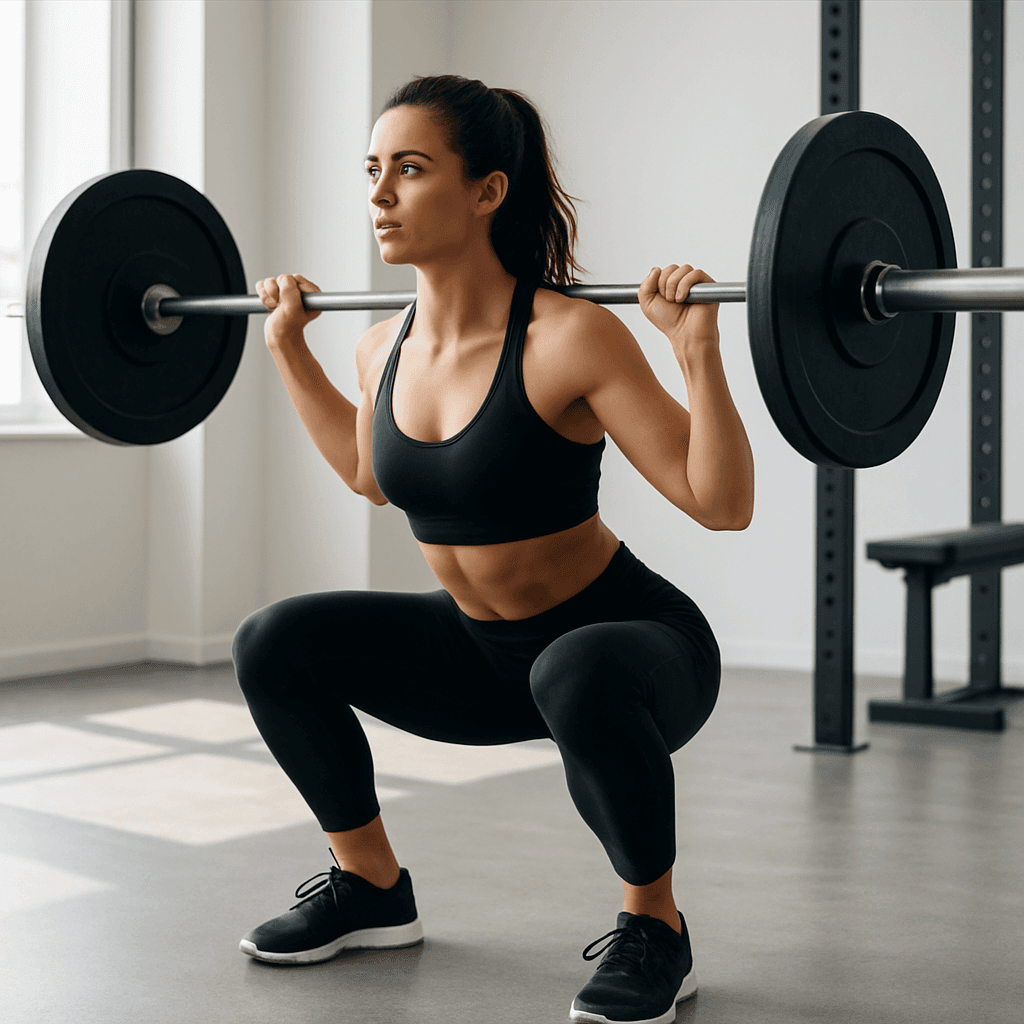Mujer levantando una barra en un gimnasio moderno